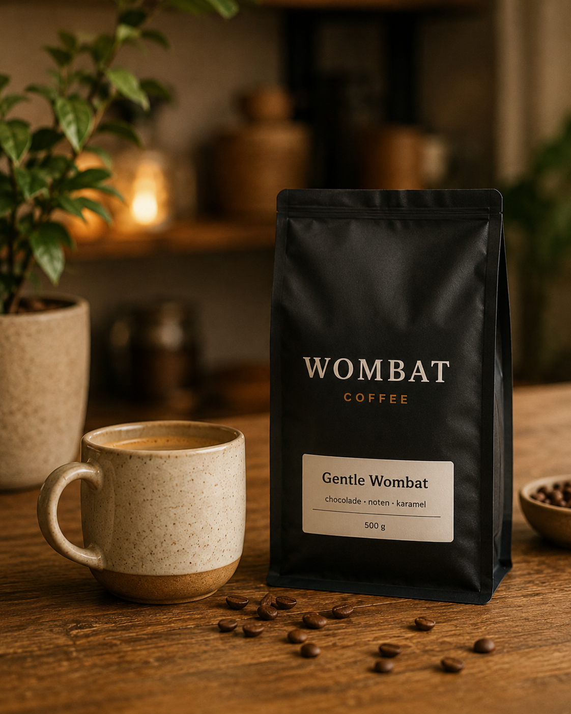 Gentle Wombat-koffie naast een kop koffie in een warme huiselijke setting
